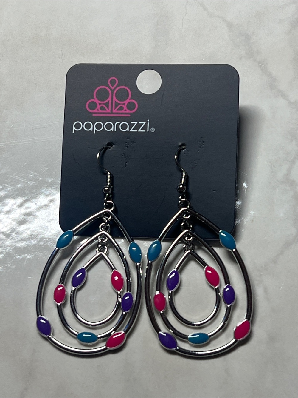 paparazzi Silver Teardrop Dangle Earrings with Pink, Purple, Teal Accents